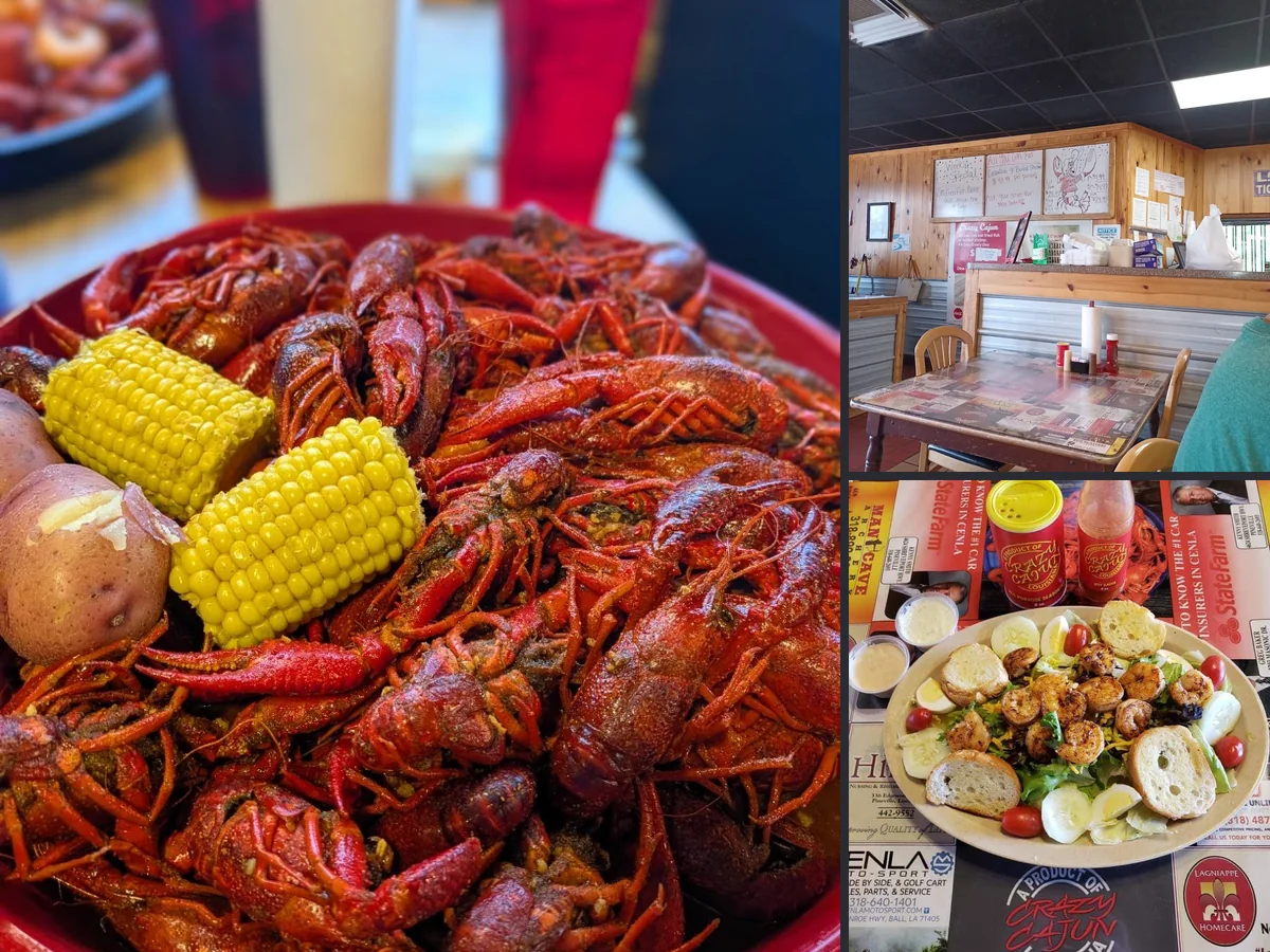 Seafood dishes on a casual restaurant table.