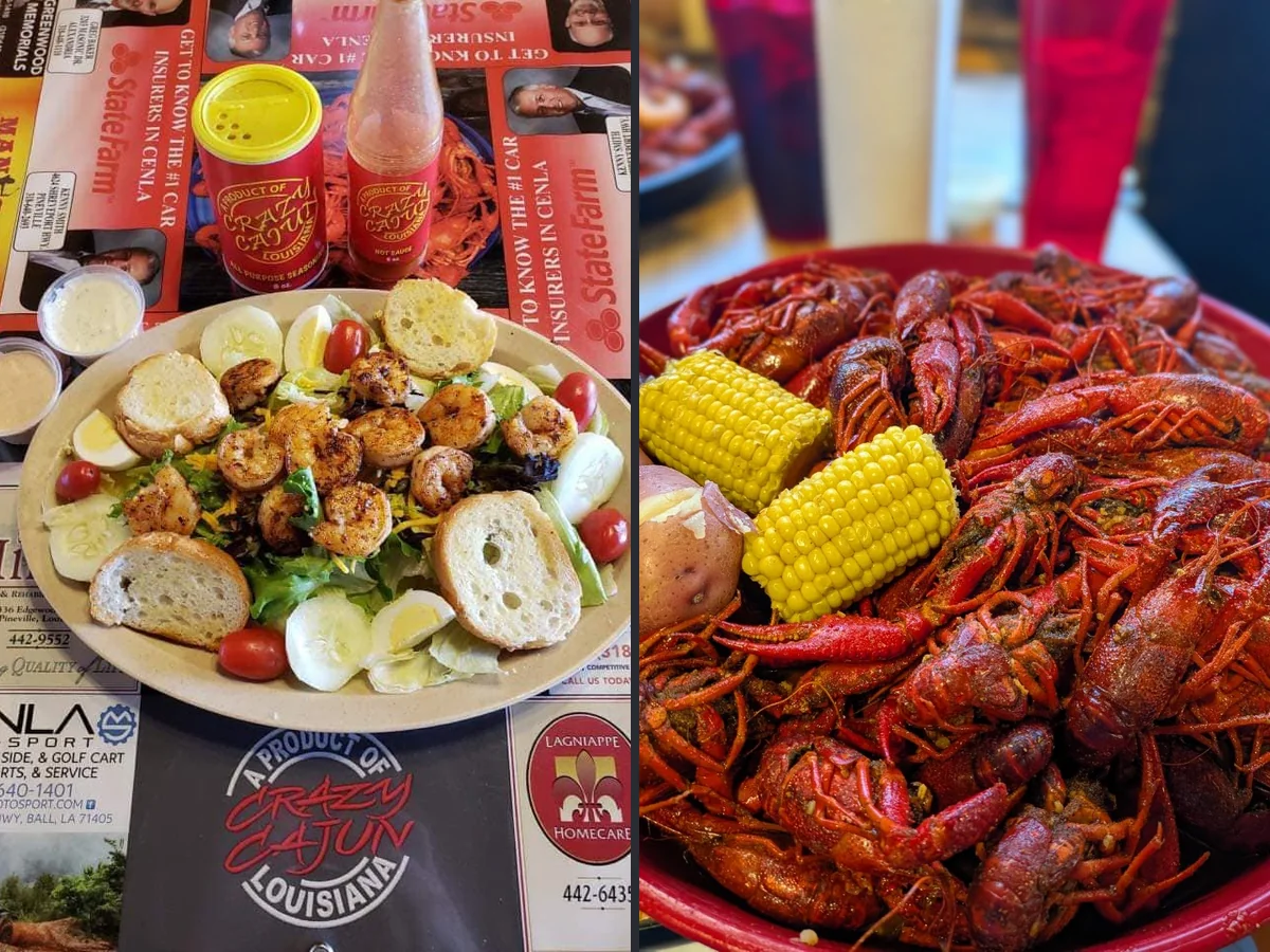 Plates of Cajun seafood served indoors.