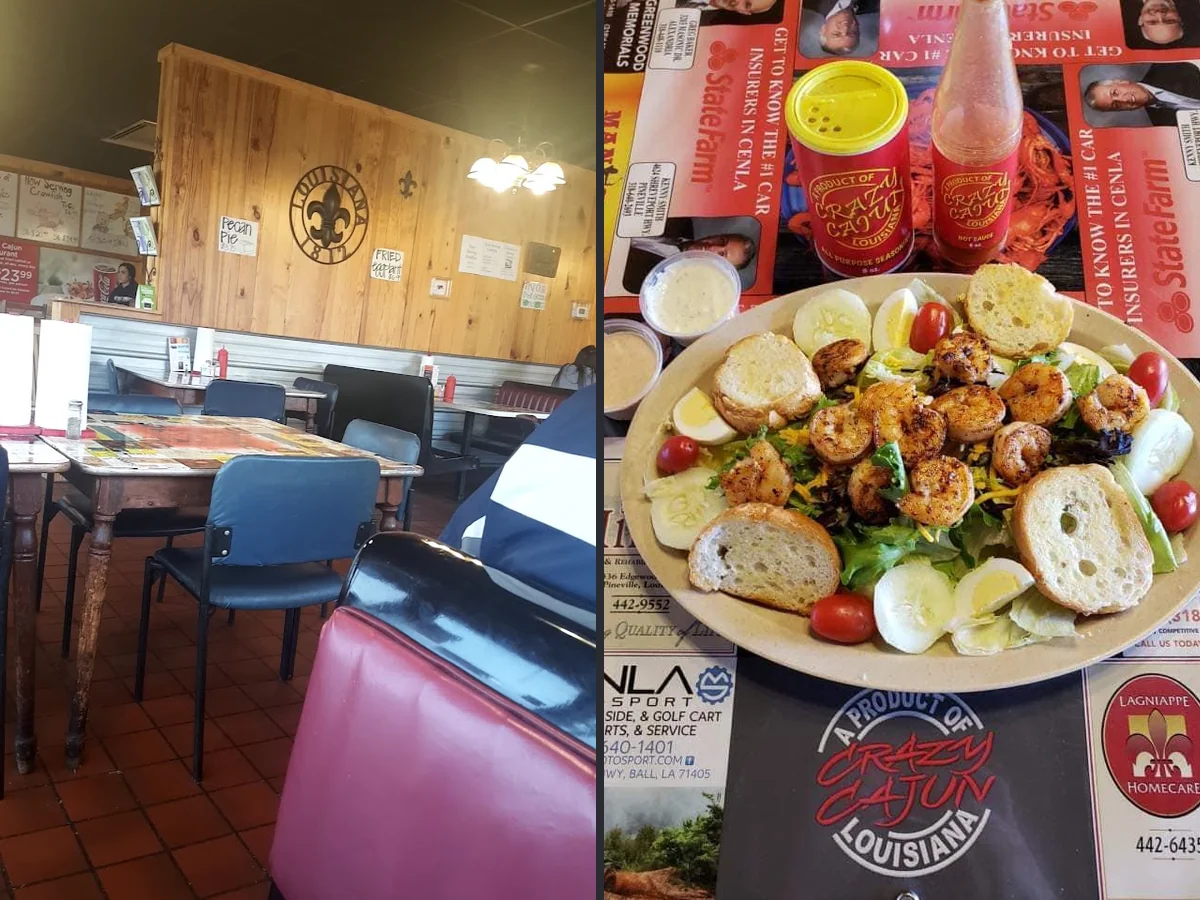 Plates of Cajun seafood served indoors.