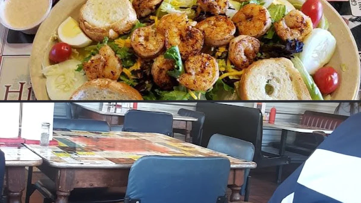 Seafood dishes on a casual restaurant table.