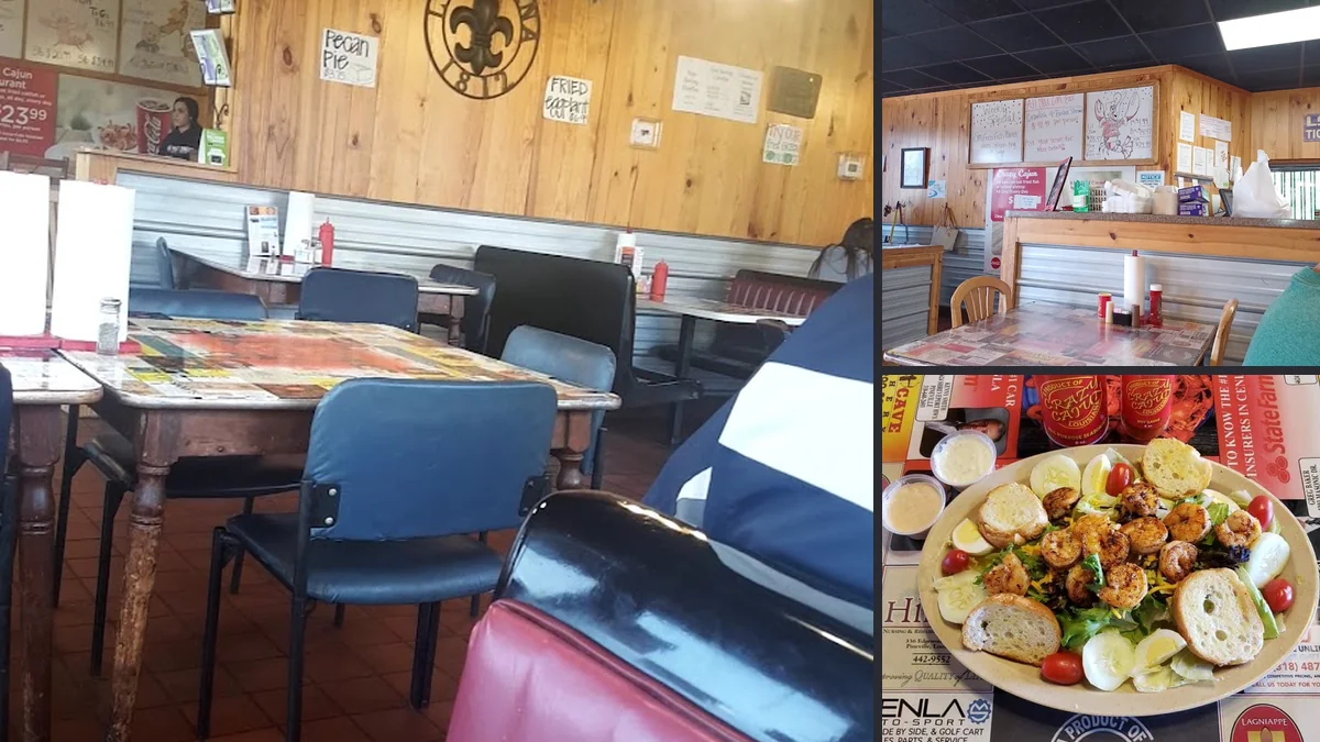 Plates of Cajun seafood served indoors.
