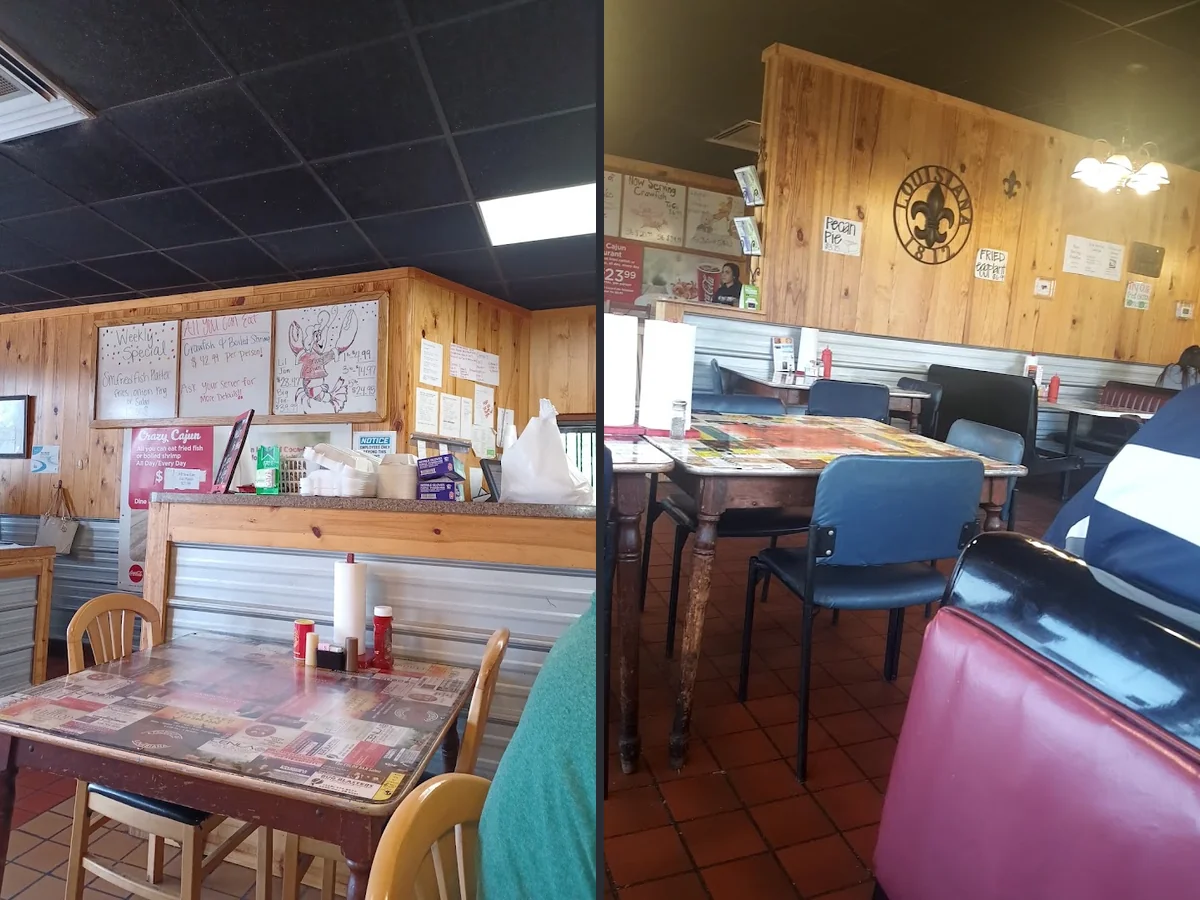 Seafood dishes on a casual restaurant table.