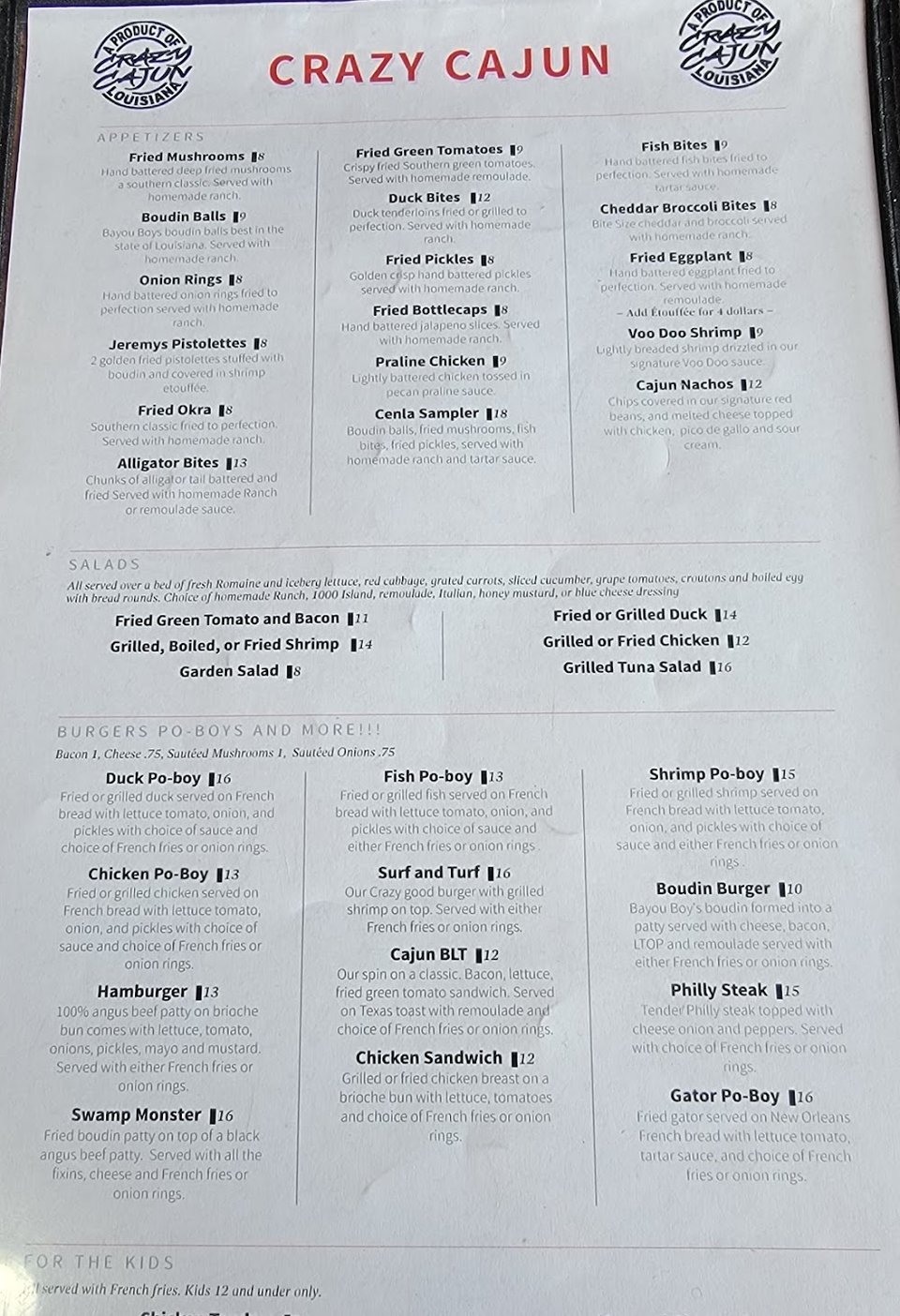 Restaurant menu highlighting appetizer choices.